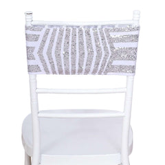 5 Pack Sequin Spandex Chair Sash White with Silver Geometric Diamond Glitz Pattern - Durable & Easy To Use Stretchable Chair Bands