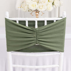 5 Pack Spandex Chair Sashes Dusty Sage Green Ruffled Style - Wide Easy to Use Stretch Chair Bands 8"x13"