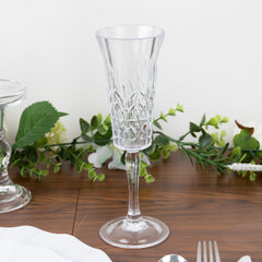 6 Pack 6oz Shatterproof Plastic Champagne Flutes with Embossed Leaf Pattern, Clear Reusable Cocktail Wine Glasses - 8.5"