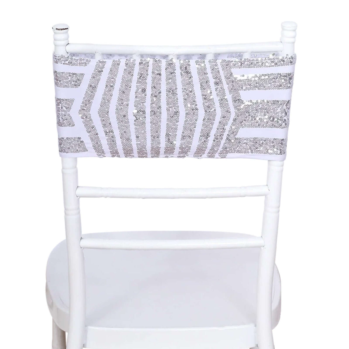 5 Pack Sequin Spandex Chair Sash White with Silver Geometric Diamond Glitz Pattern - Durable & Easy To Use Stretchable Chair Bands