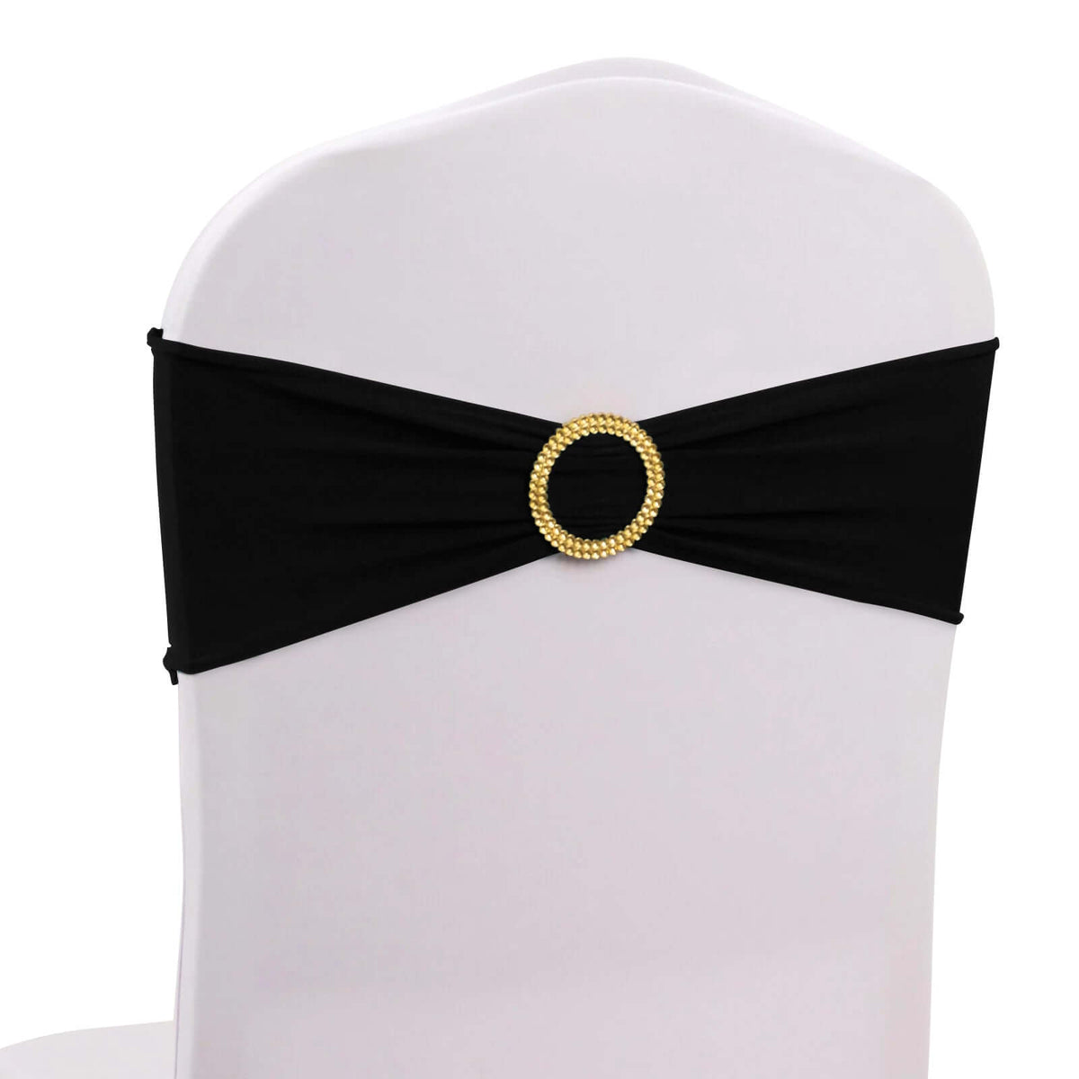 5 Pack Spandex Chair Sashes Black with Gold Rhinestone Buckles - Reusable Four-Way Stretch Sash Bands 5"x14"