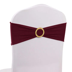 5 Pack Spandex Chair Sashes Burgundy with Gold Rhinestone Buckles - Reusable Four-Way Stretch Sash Bands 5"x14"