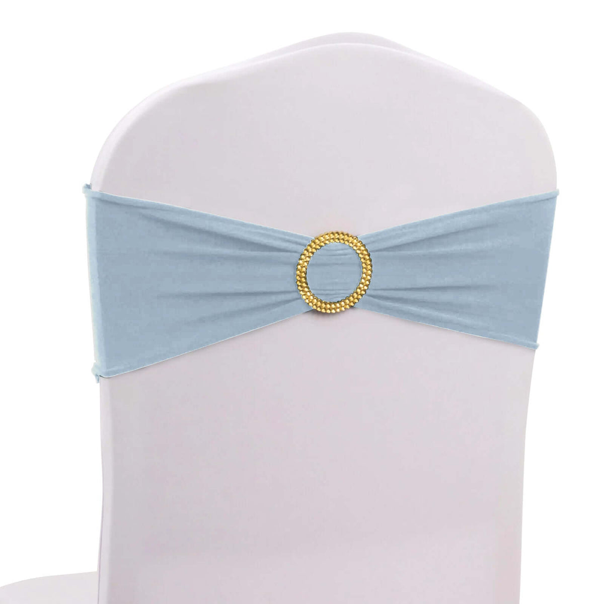 5 Pack Spandex Chair Sashes Dusty Blue with Gold Rhinestone Buckles - Reusable Four-Way Stretch Sash Bands 5"x14"