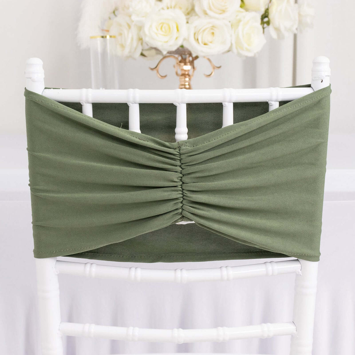 5 Pack Spandex Chair Sashes Dusty Sage Green Ruffled Style - Wide Easy to Use Stretch Chair Bands 8"x13"