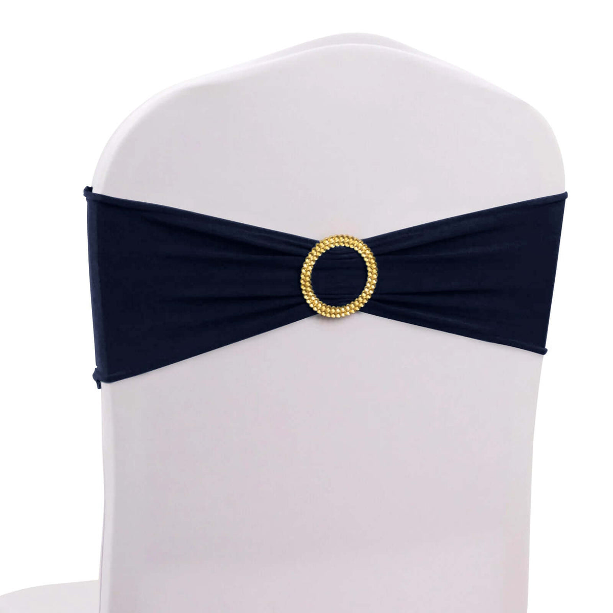 5 Pack Spandex Chair Sashes Navy Blue with Gold Rhinestone Buckles - Reusable Four-Way Stretch Sash Bands 5"x14"